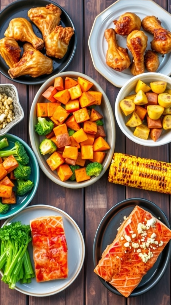 A variety of delicious dishes cooked in a Ninja 9-in-1 Air Fryer Oven including chicken wings, broccoli, sweet potatoes, corn, and salmon.